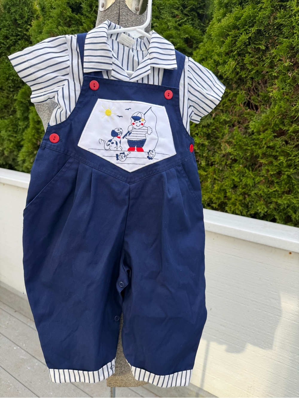 Vintage 2 Piece Boy Overalls Set Fishing Dog Embroidery Pinstripe Shirt 18M